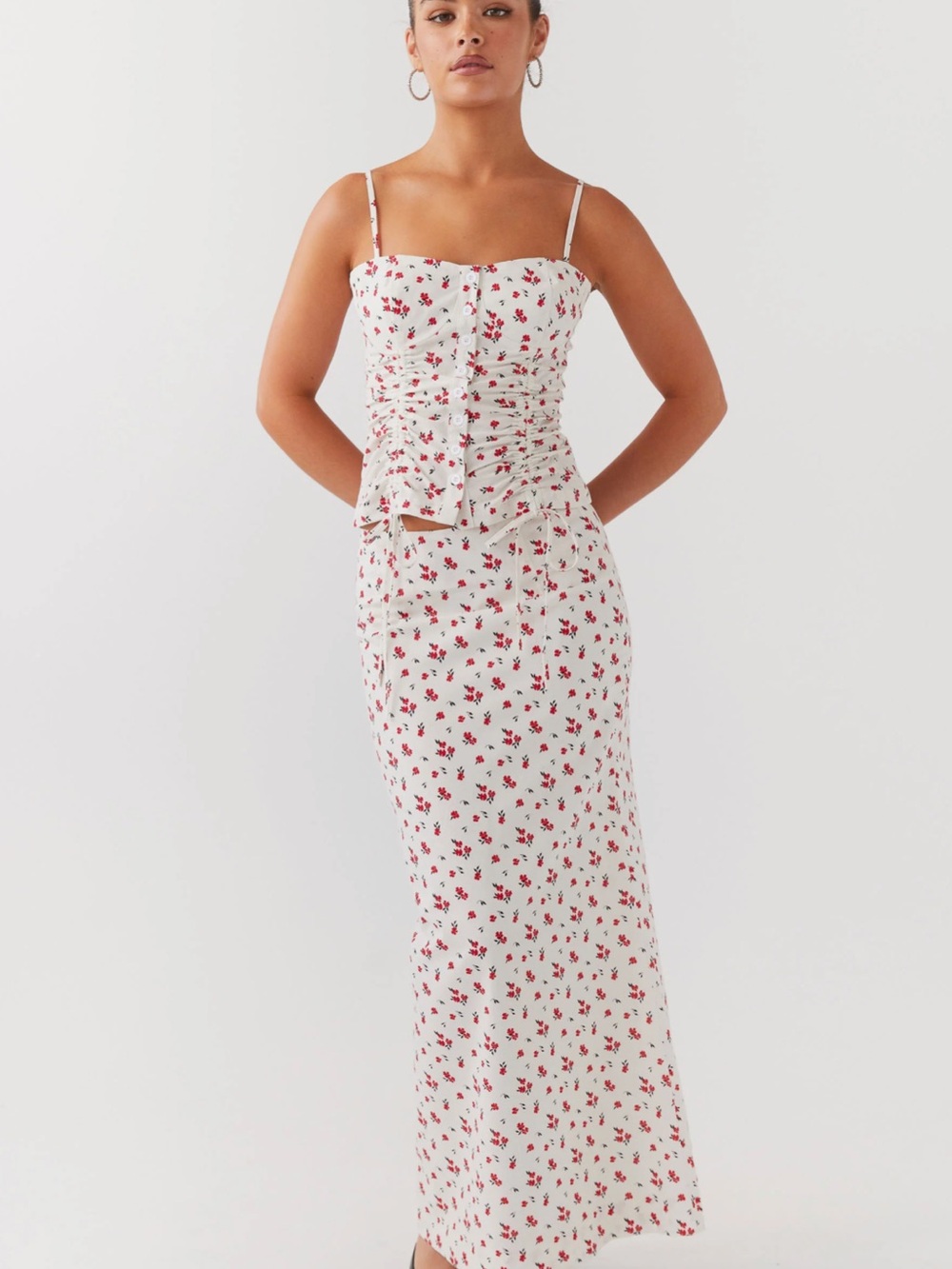 White Red Floral Linen Maxi Skirt